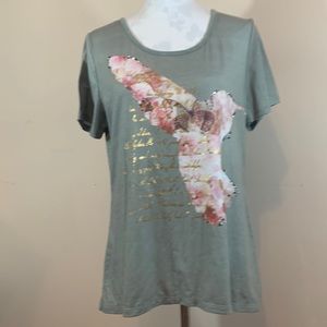 Style & co. Butterfly and Bling Sage/Pink Scoop Neck Short Sleeve Tee Sh…